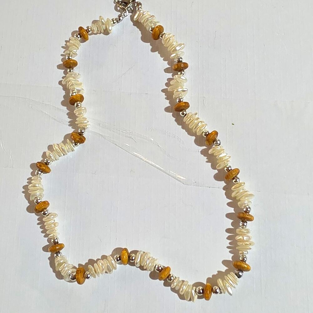 Shell & Wood Beaded Necklace White Brown Silver Tone Beach Cable Chain